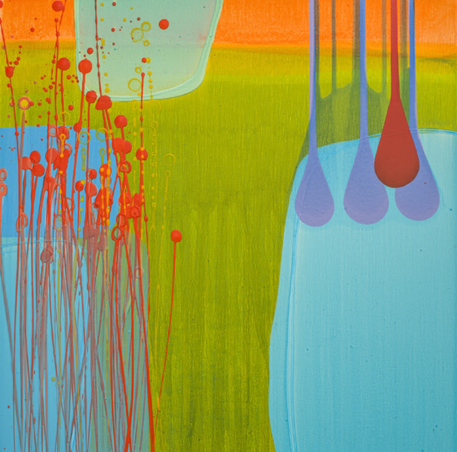 Charlotte Cornish abstract painting with layers of Blue, yellow, orange, green and red paint, each layer poured in a different way giving it a unique form.