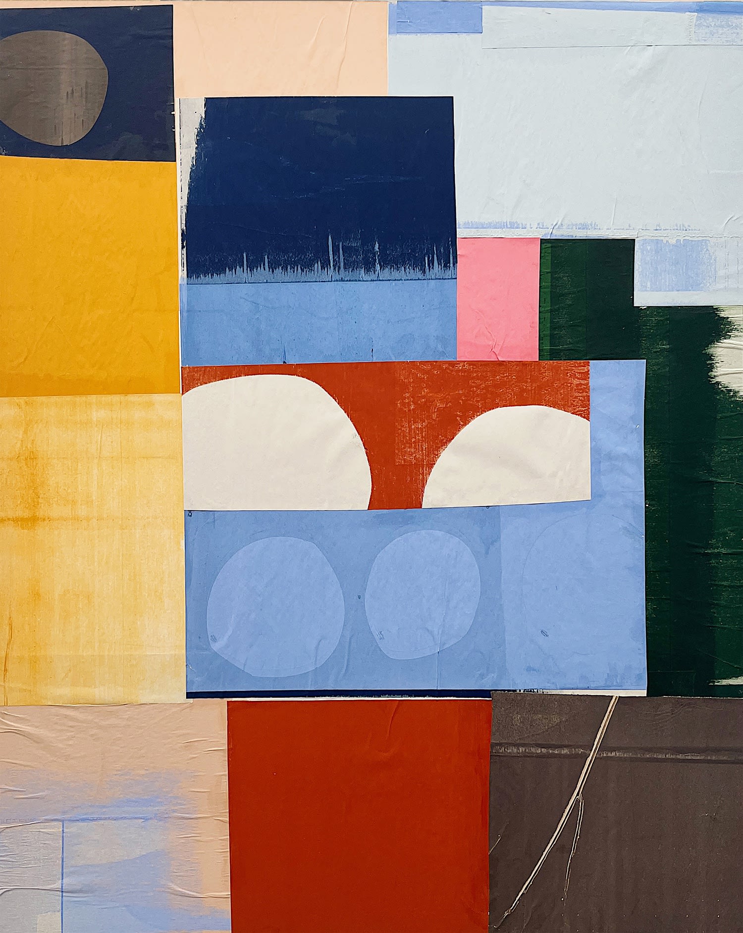 Jonathan Lawes mixed media collage of abstracted shapes in colours of red, yellow, green, blue and pink