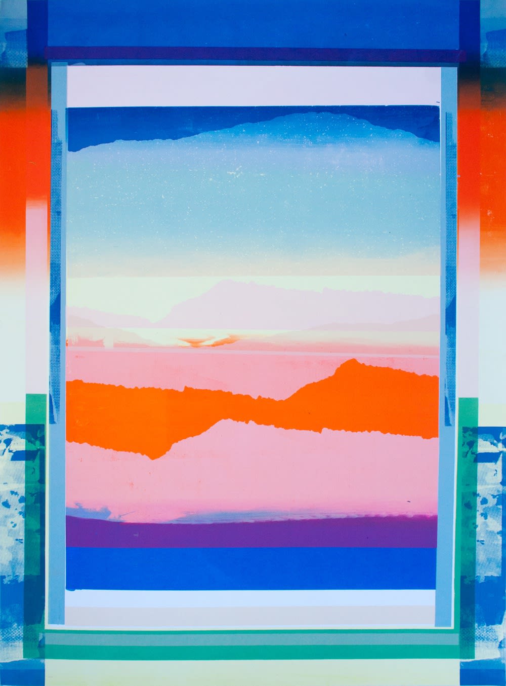 Angus Vasili silkscreen print of an abstracted landscape with a polarised border in pinks, oranges, blues and greens