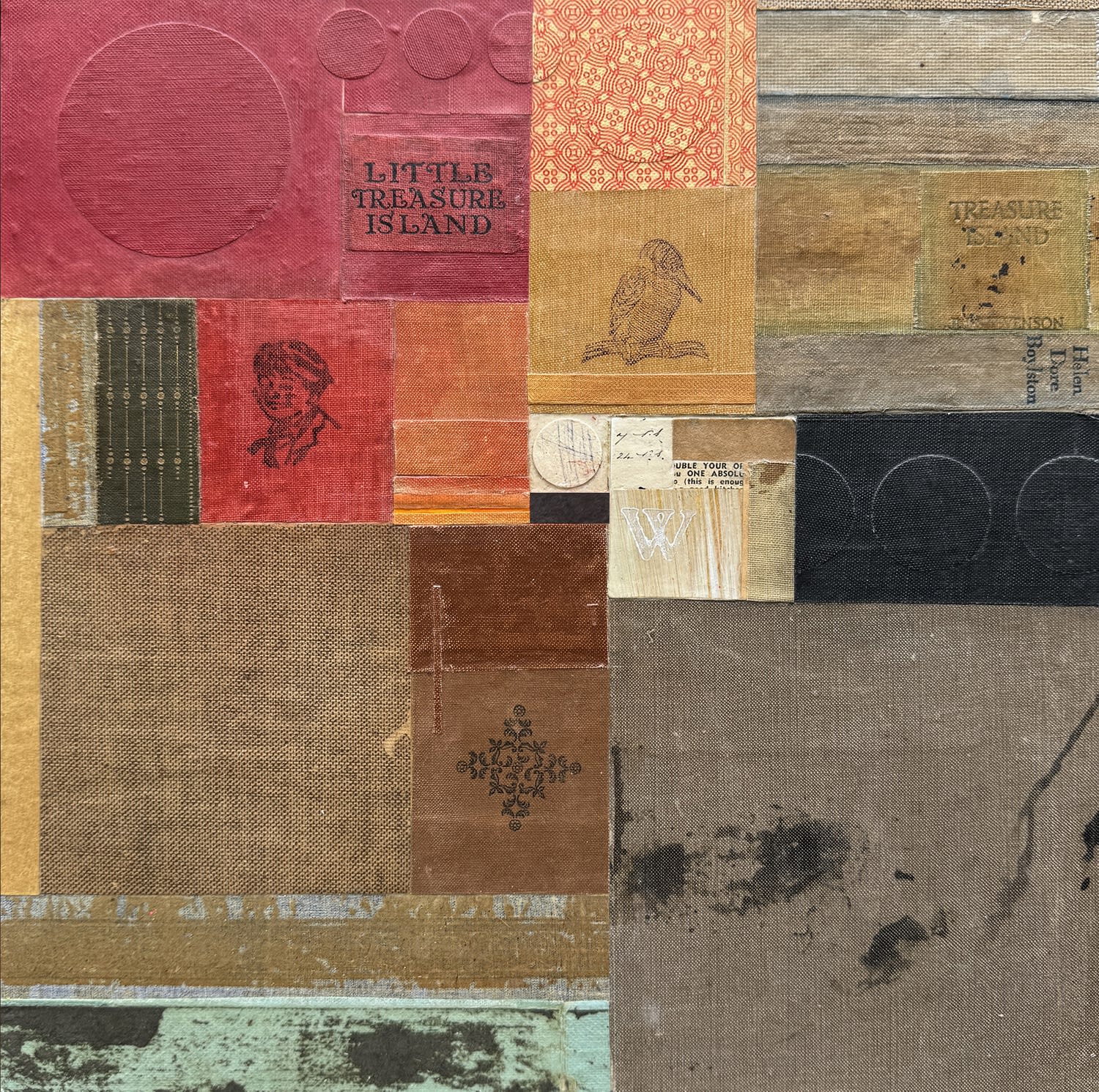 Emma Davis mixed media collage piece using vintage book covers, in colours maroon, brown and black