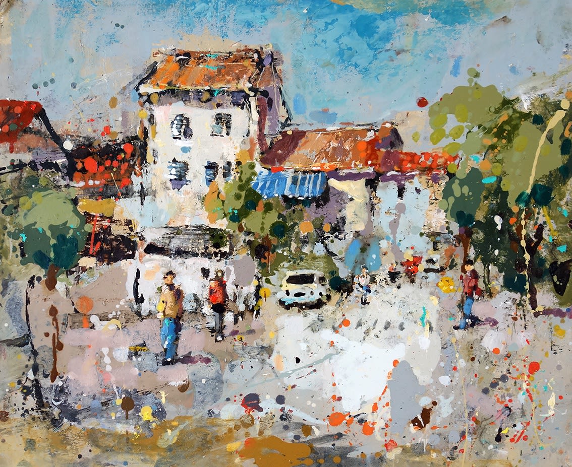 Andrew Hood painting, abstracted view of a busy small village, white buildings are topped by terracotta rooves, and surrounded by deep green trees. Visitors mill around cars in the foreground.