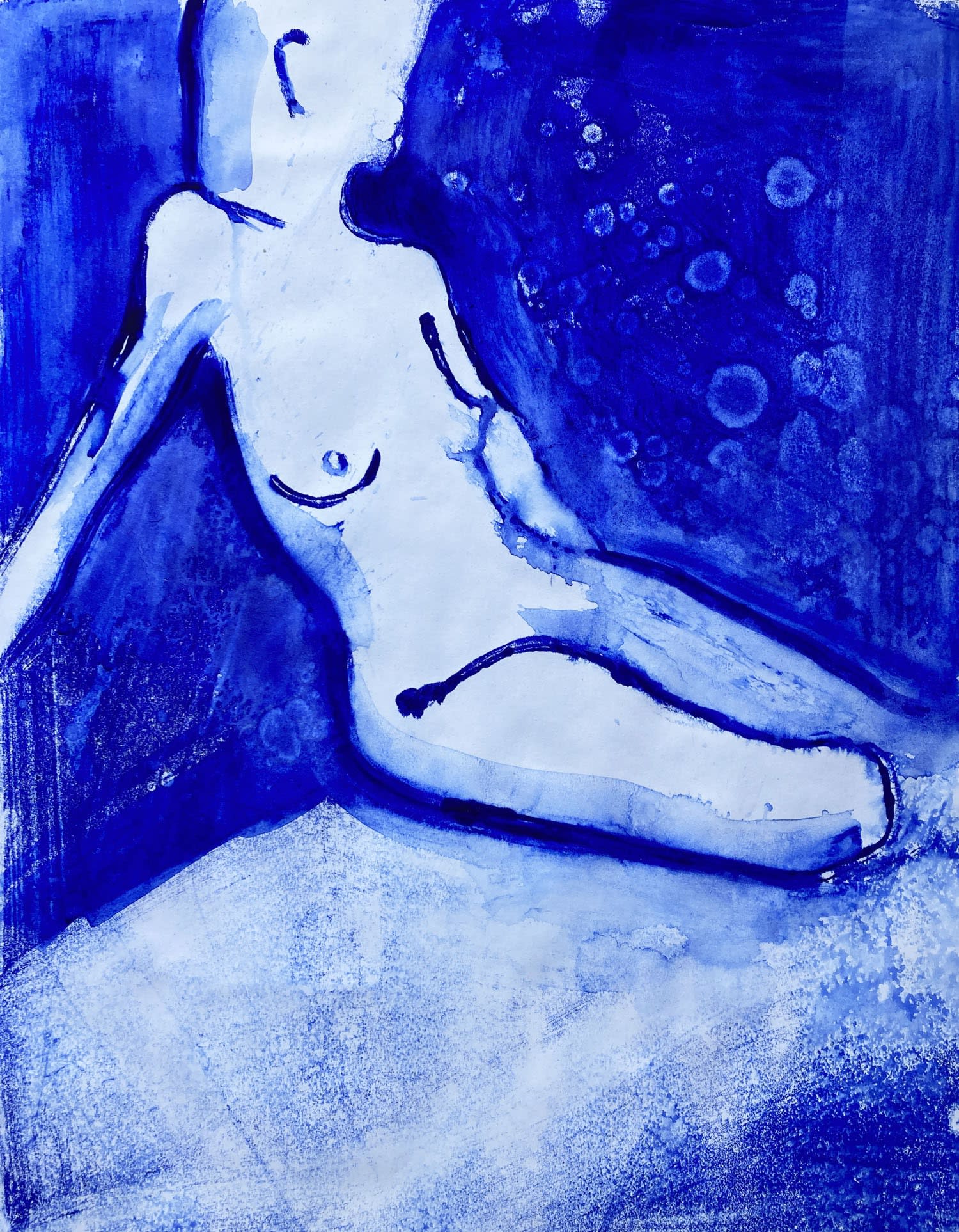 Clare Bonnet, nude female figure seated, her face slightly averted from the viewer, against a bright blue background.