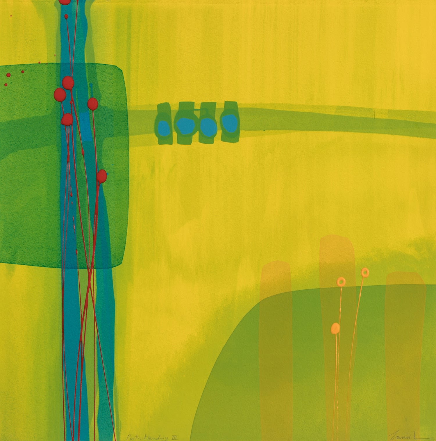 Charlotte Cornish abstract work in yellow with soft geometric shapes in lime green and thin stripes in blue, red and yellow.