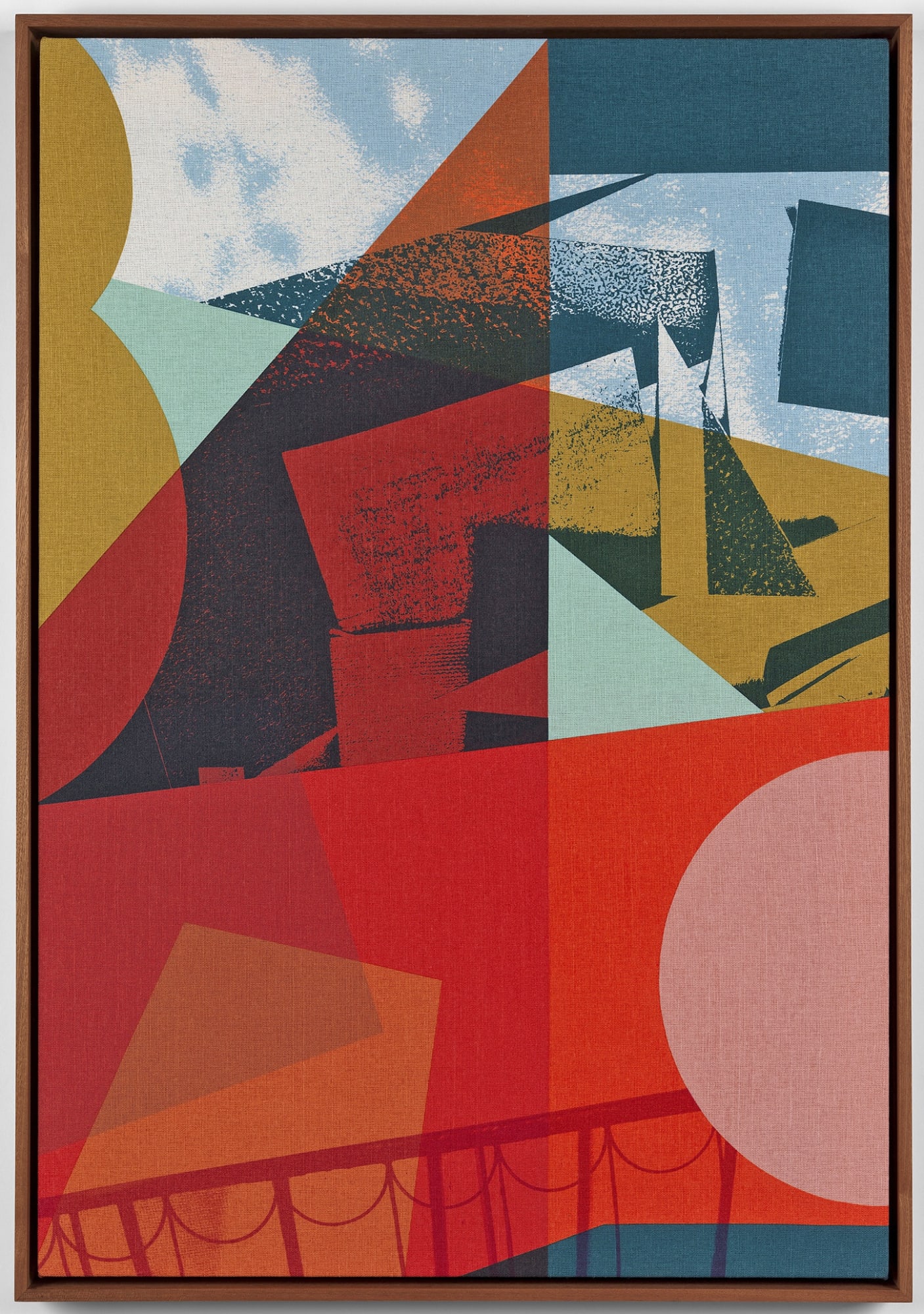 Michelle House silkscreen on cotton linen print of an abstracted cityscape in vivid oranges, yellows, blues and greens