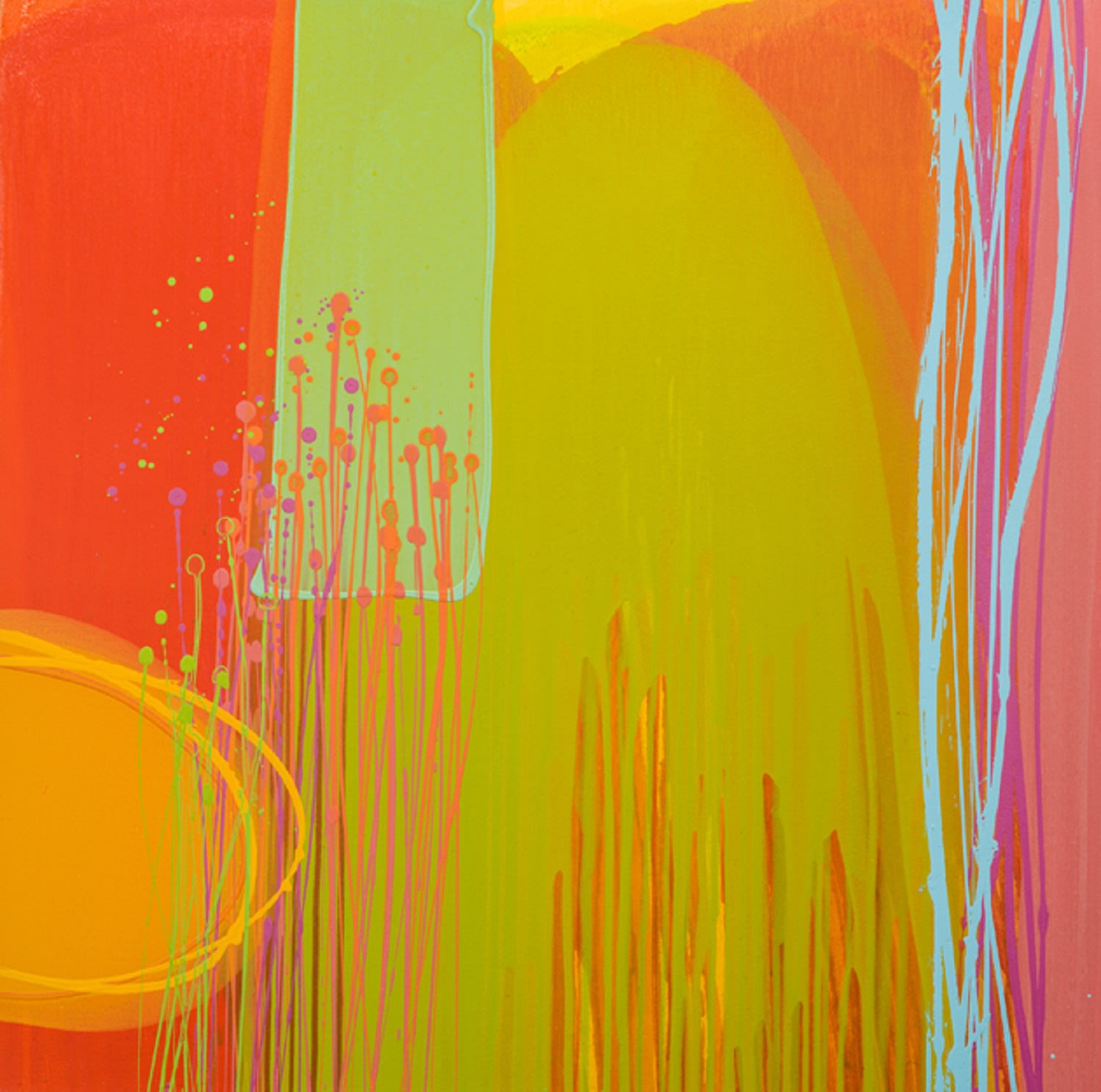 Charlotte Cornish abstract painting with layers of red, yellow, orange, green, pink and blue paint, each layer poured in a different way giving it a unique form.