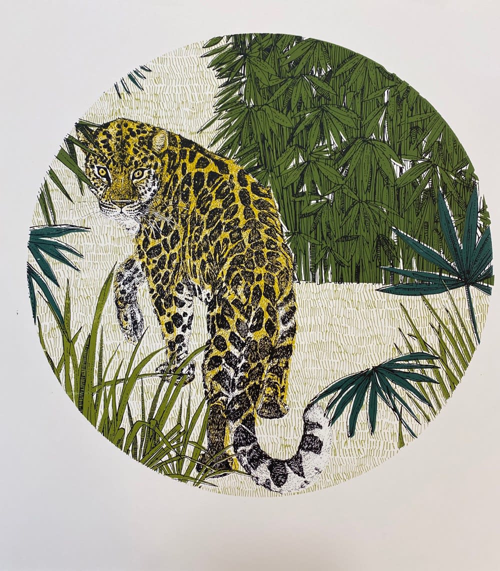 Clare Halifax circular screen print, showing a leopard seen from behind with its head turned towards the viewer in a lush green landscape, different plant structures rendered in a highly detailed style.