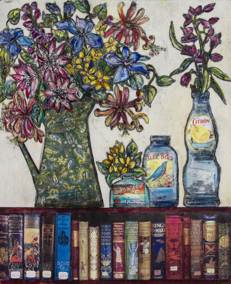 Vicky Oldfield print of a large arrangement of flowers in jugs, vases and bottles on top of a shelf with books in jewel-like colours.