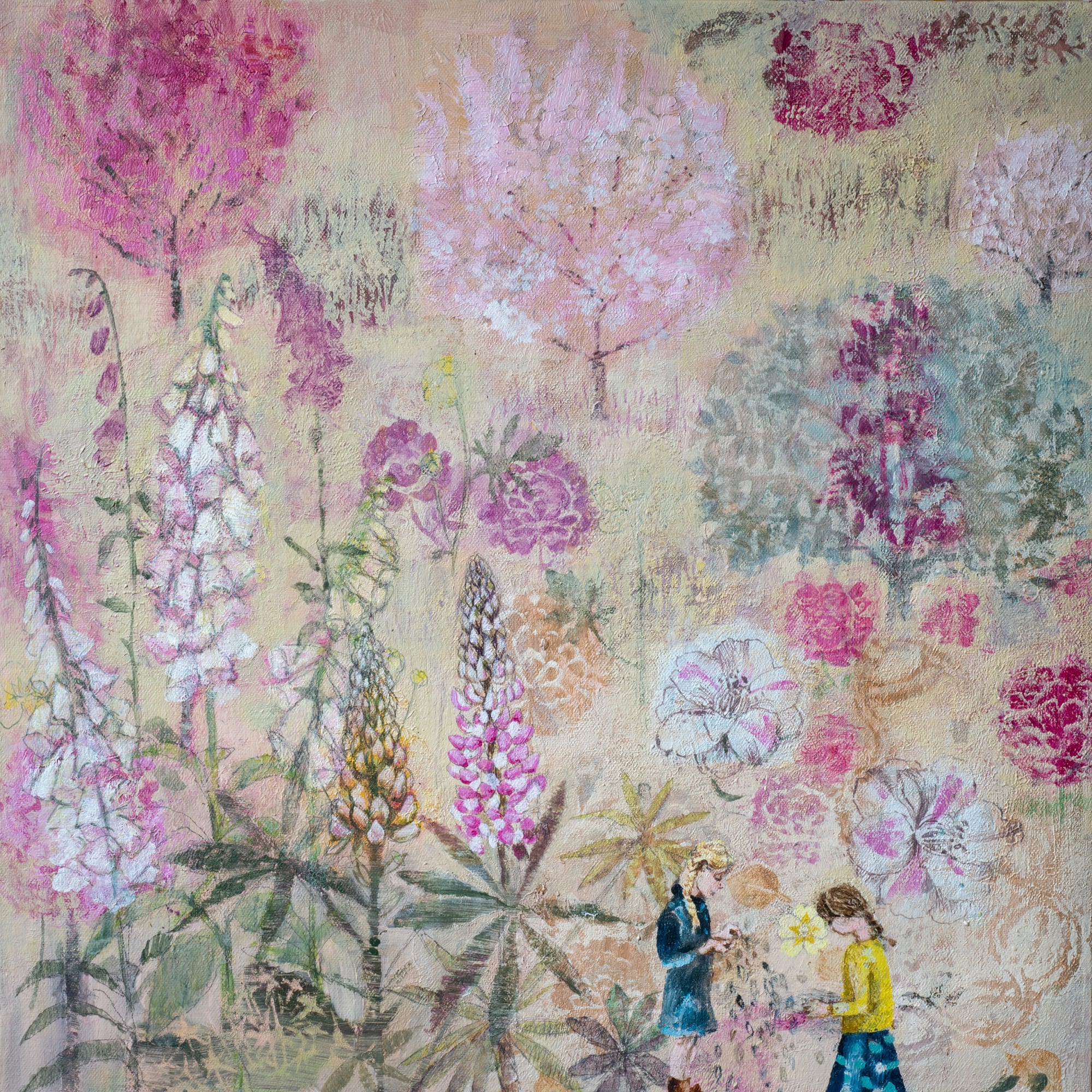 Dawn Stacey floral landscape painting with an array of Peonies, Cherry Blossom & Foxglove flowers in blushed pink. Two female figures with plaited hair are seen admiring the flowers.