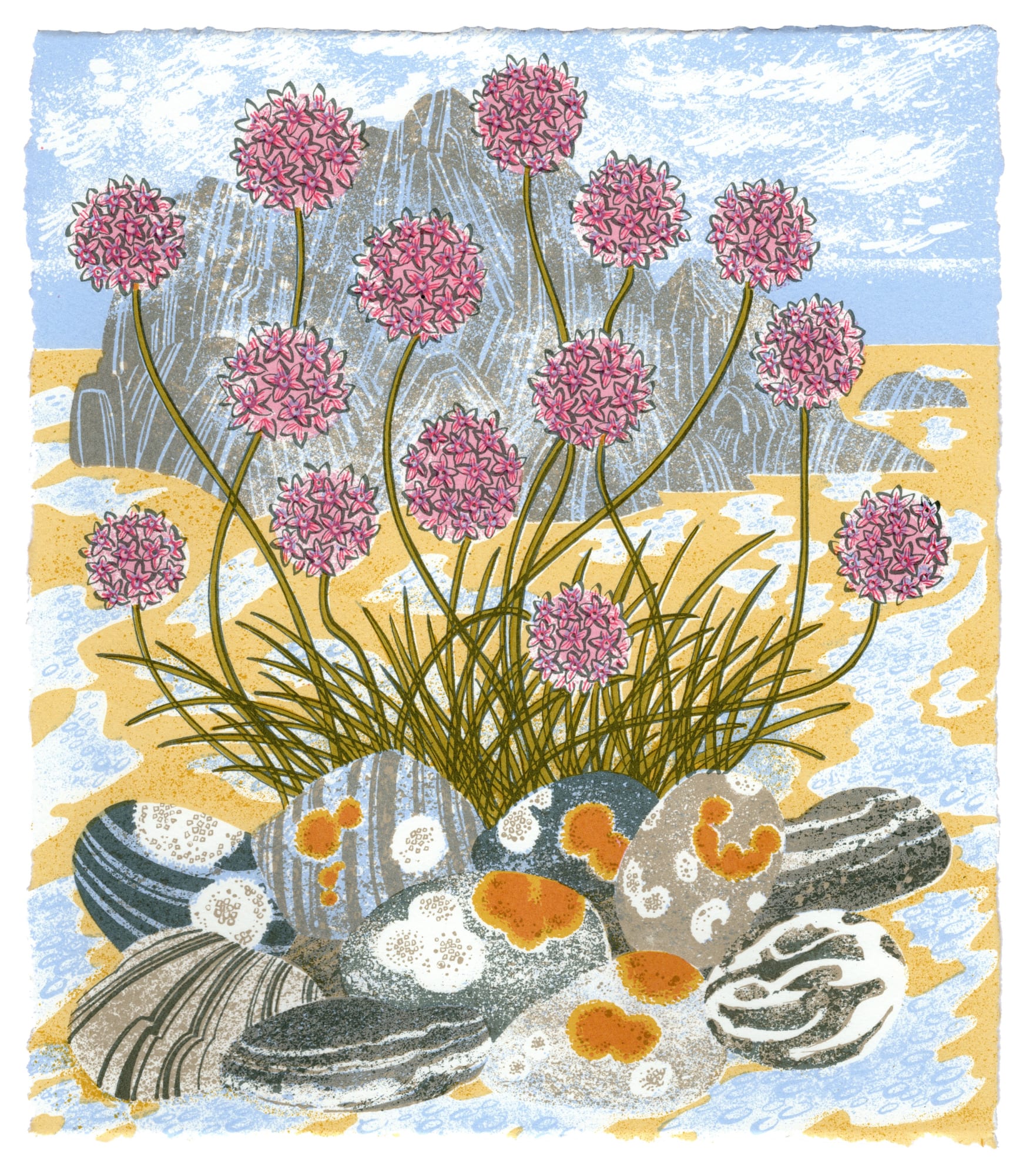 Angie Lewin screenprint of sea pinks growing on a pebbly beach with a large rock in the background and blue sky