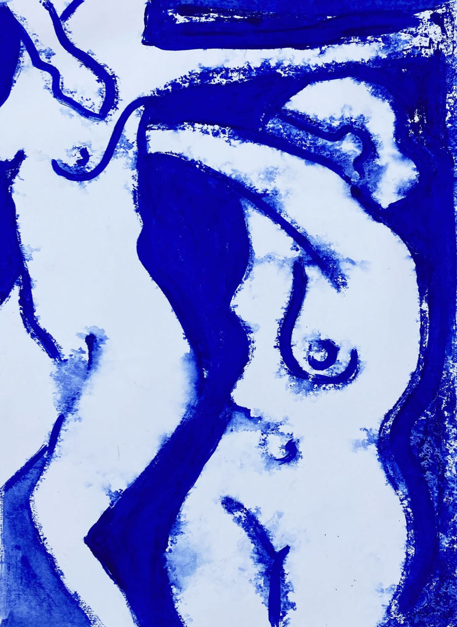 Clare Bonnet, two nude female figures shown in gentle motion, depicted in soft, loose lines, against a background in bright blue.