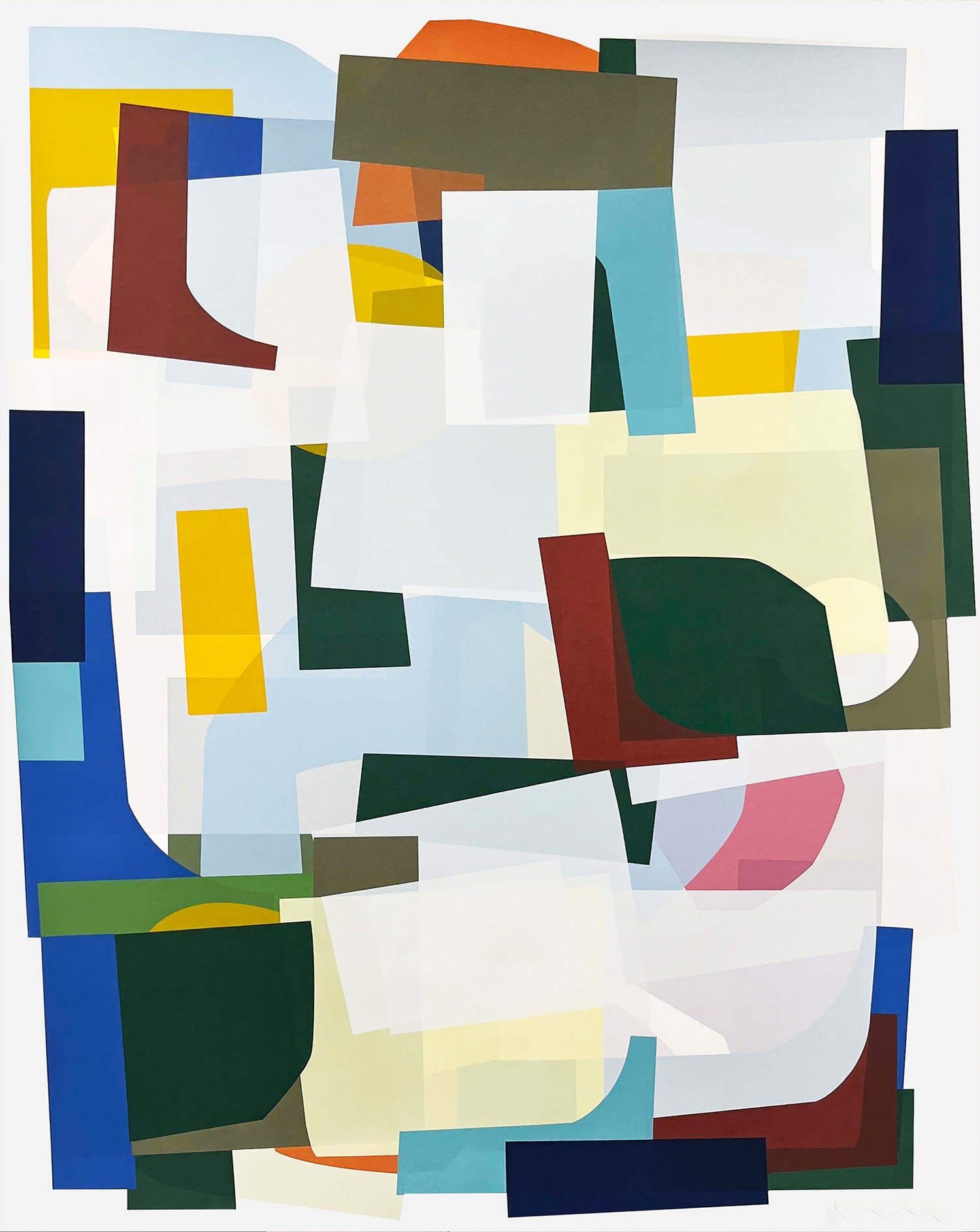 Jonathan Lawes silkscreen print of abstracted layered shapes in colours of blues, yellow, reds, greens and pinks