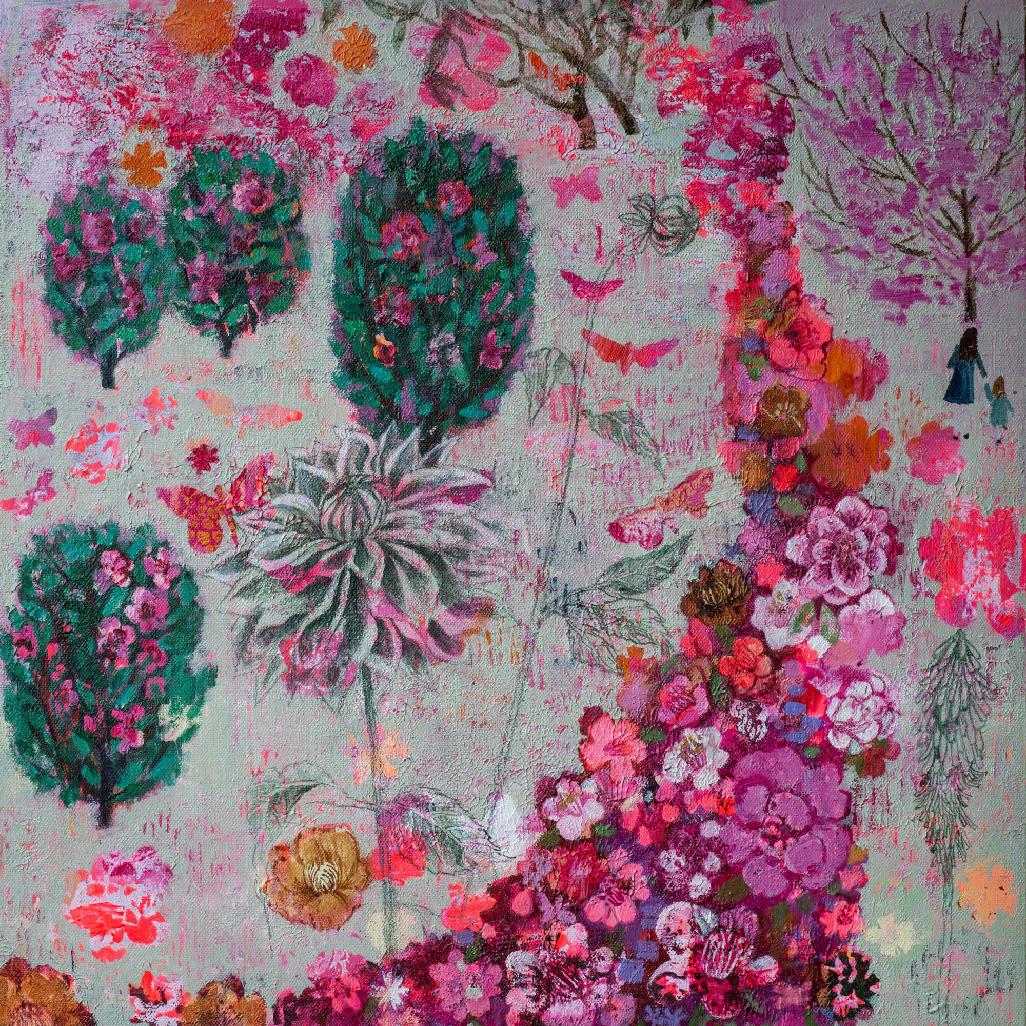 Dawn Stacey floral landscape painting showing a trial of flowers in an array of vivid pinks & reds. Surrounding the trial are a mix of distant in forest green trees, outlines of peonies, pink silhouettes of moths and butterflies. An adult and child figure