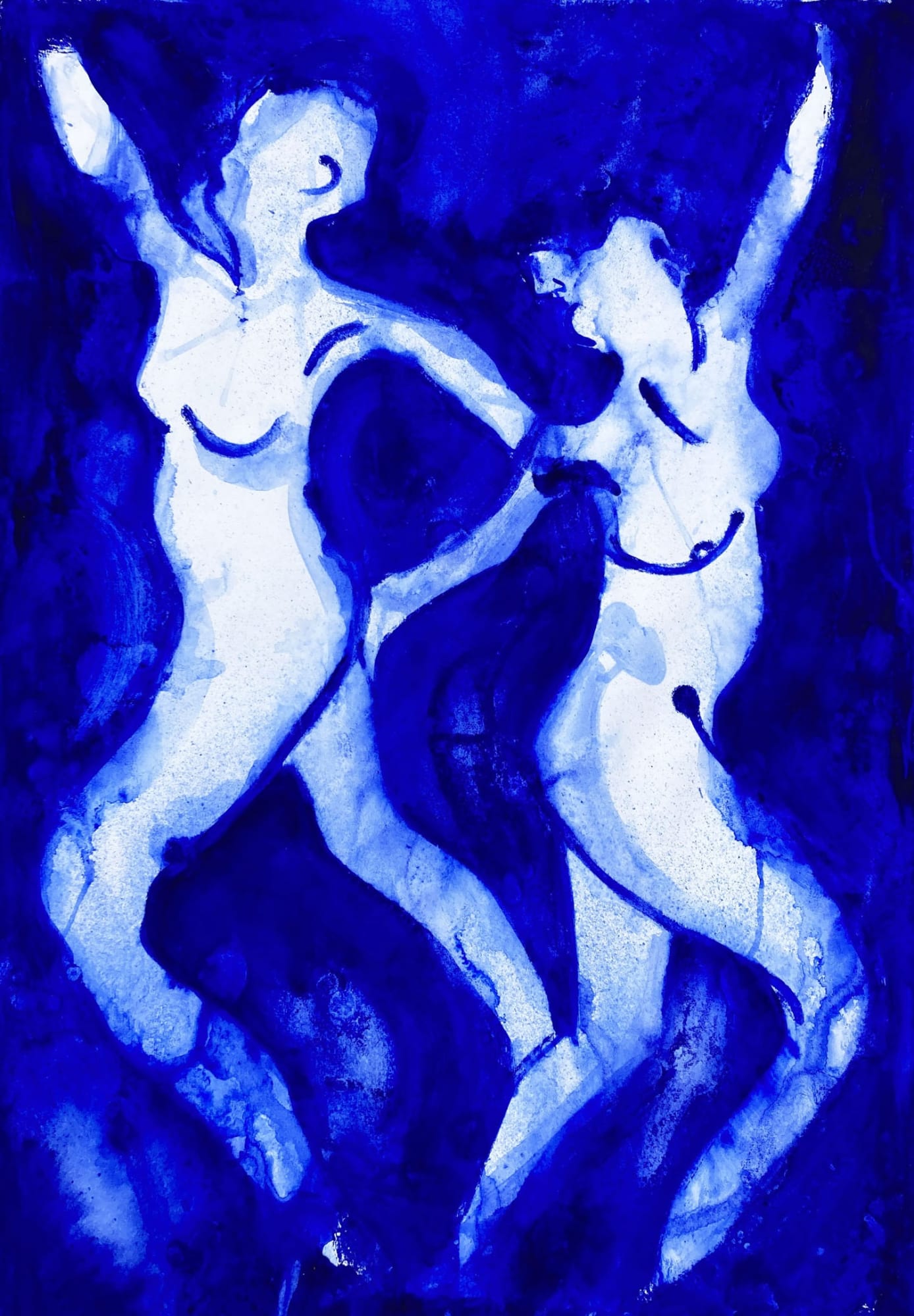 Clare Bonnet monotype of two female nude figures shown dancing, depicted in soft, loose lines, against a bright blue background.