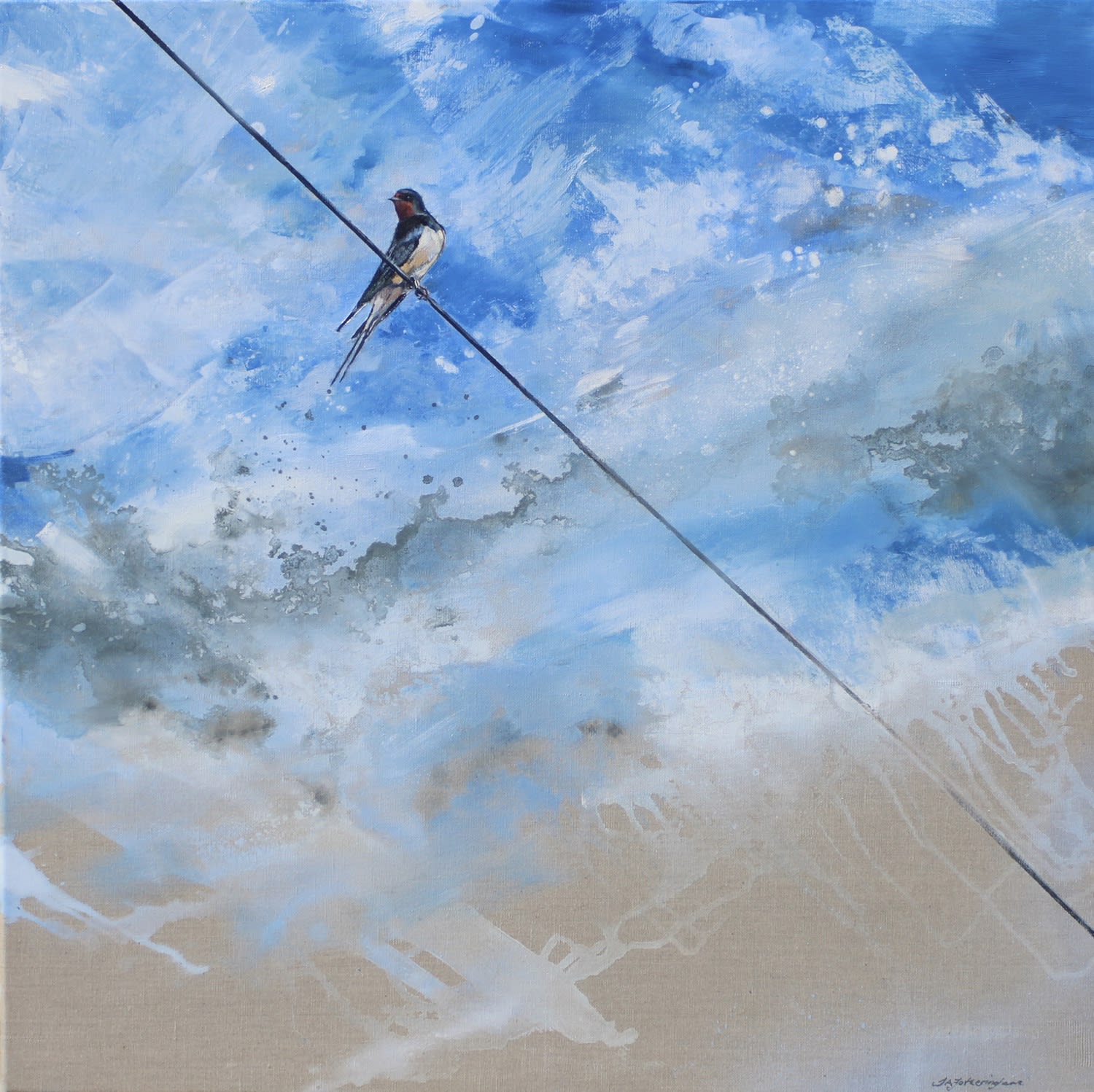 James Fotheringhame oil painting piece, showing a sparrow perching on a long line of wire against a cloudy bright blue sky.