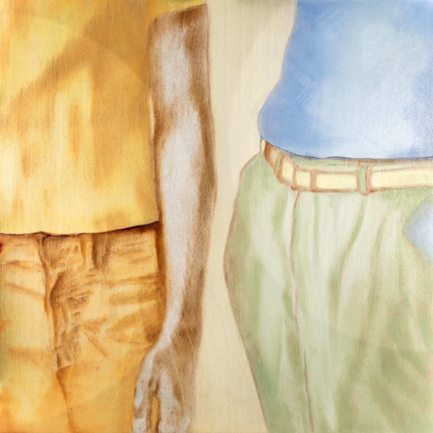Zelga Simone Miller figurative oil on wood panel painting of two male figures standing in close proximity of each other with the focus on the body language in their torso and arms, painted in blue, green and yellows