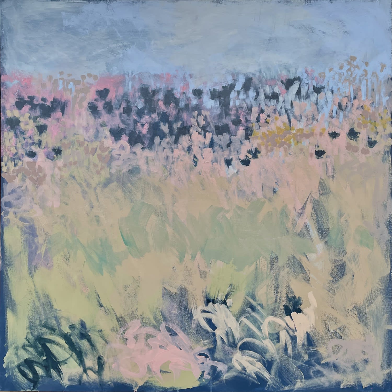 Claire Oxley oil on canvas painting of a variety of plants during their seedhead phase in dusky pink, navy, earthy greens with speckles of ochre. Using a rhythmic mark making stroke style, Claire creates a semi abstract landscape.