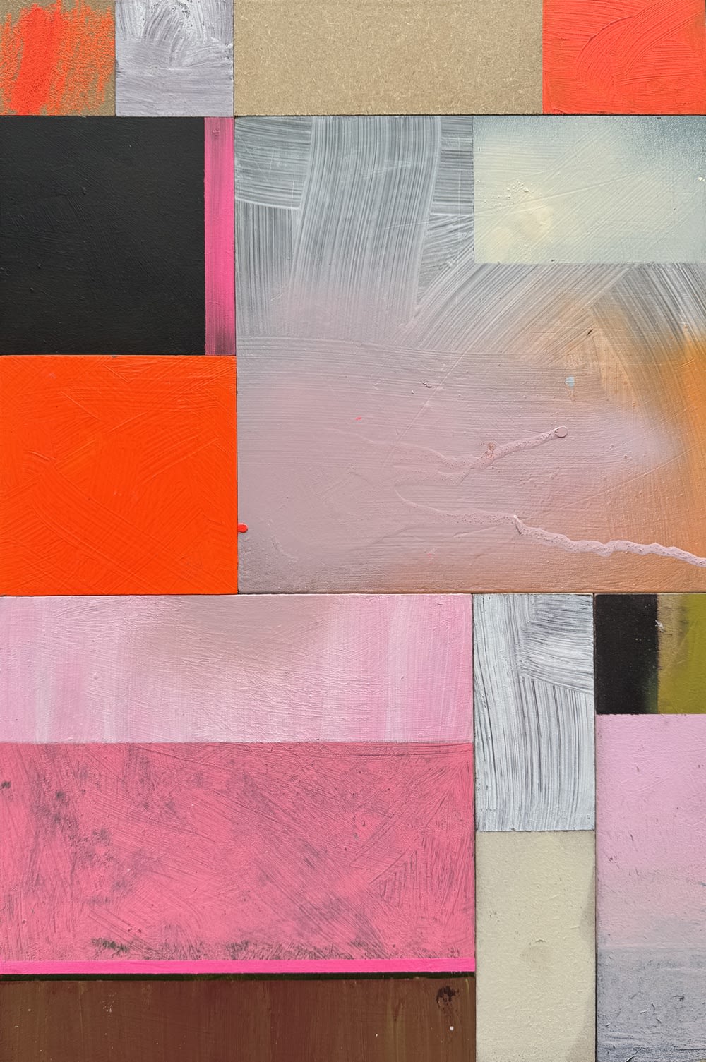 Emma Davis painting on board of abstracted rectangles, in colours pink, black, red and yellow