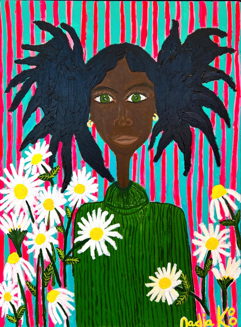 Nadia Koo portrait painting of a woman amongst a bouquet of white daisies