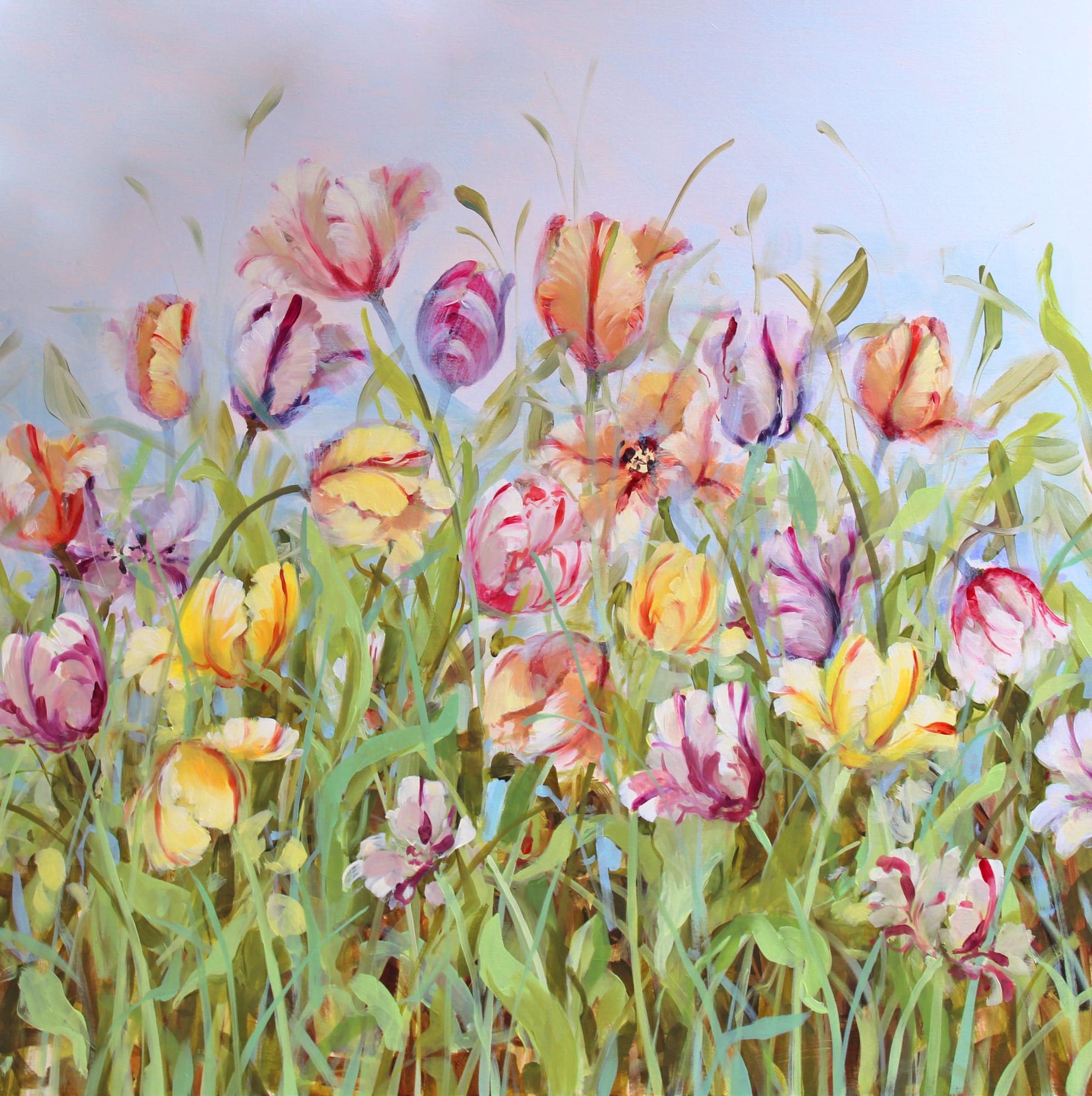 Fletcher Prentice painting of bloomed parrot tulips in purple, yellow and yellow amongst a meadow of greenery.
