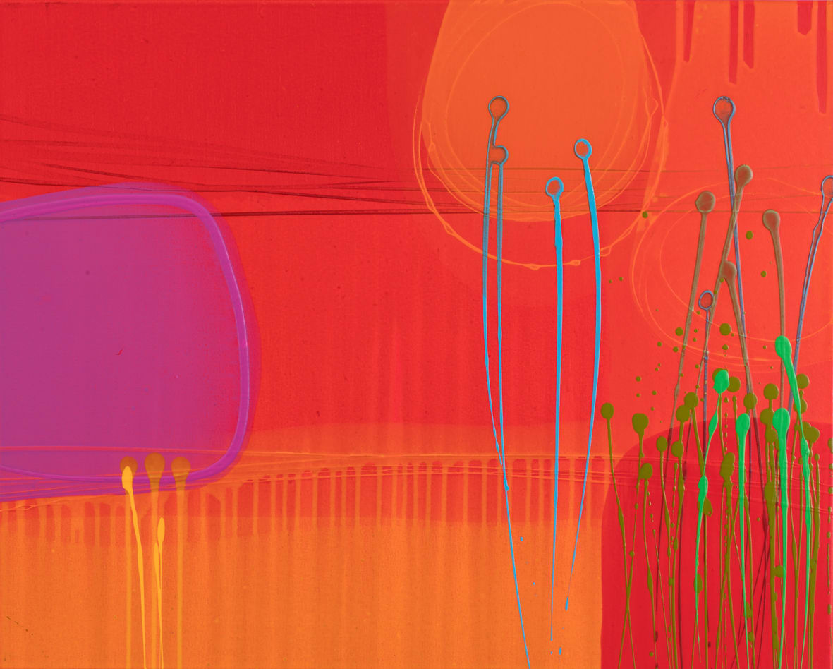 Charlotte Cornish abstract painting showing translucent layers of the colours orange, red, pink, and green