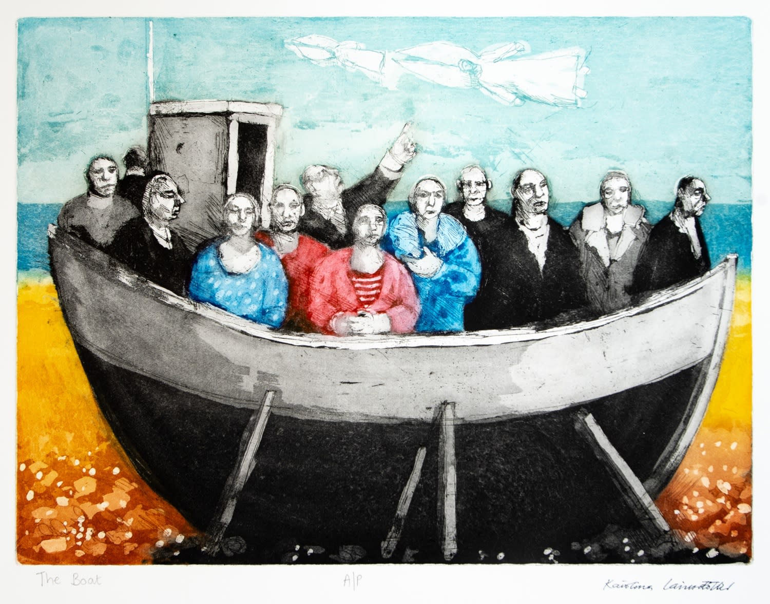 Karolina Larusdottir etching on paper piece, showing a large group of people aboard a boat, one person points towards a pale blue sky with what appears to be the figure of a windswept sail.