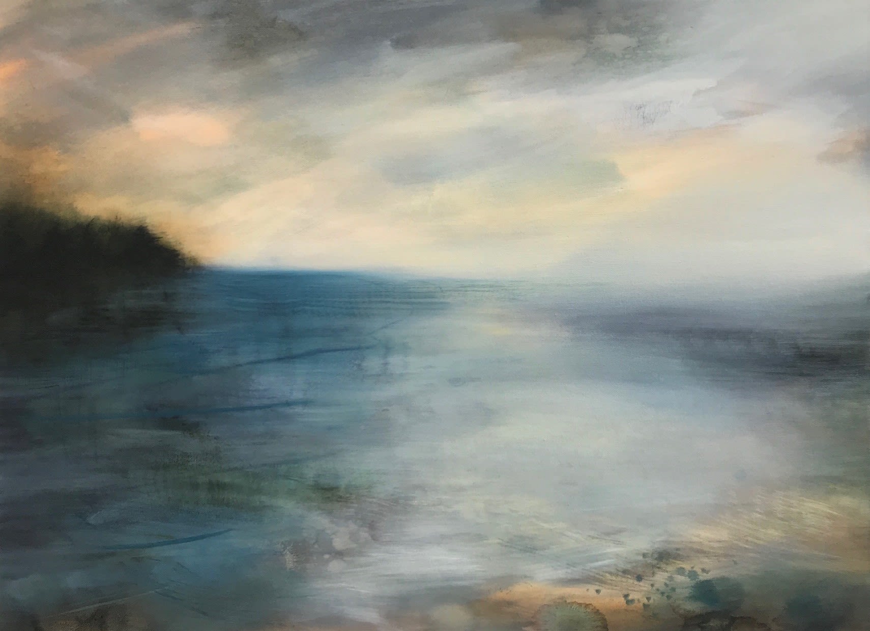 Amy Albright coastal scene in blues, greys and browns, with a warm glow on the horizon