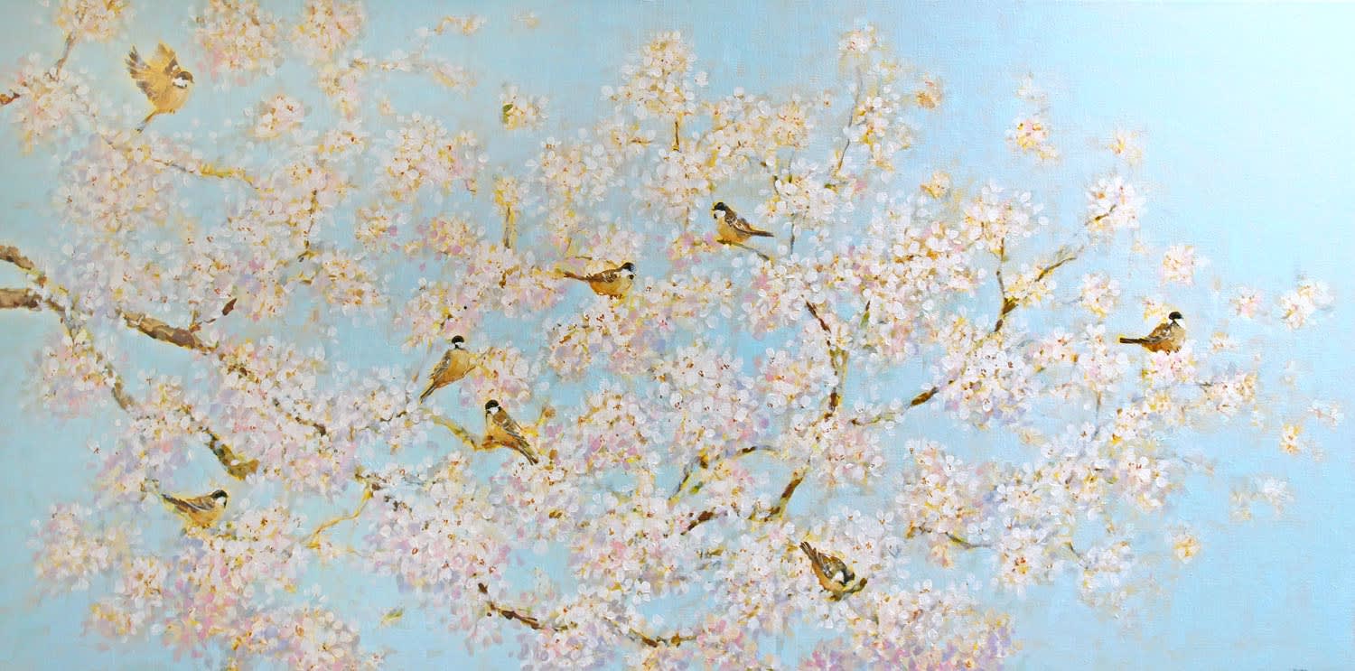Fletcher Prentice painting of cherry blossom branches with gold finches perching amongst them against a pale blue sky background.