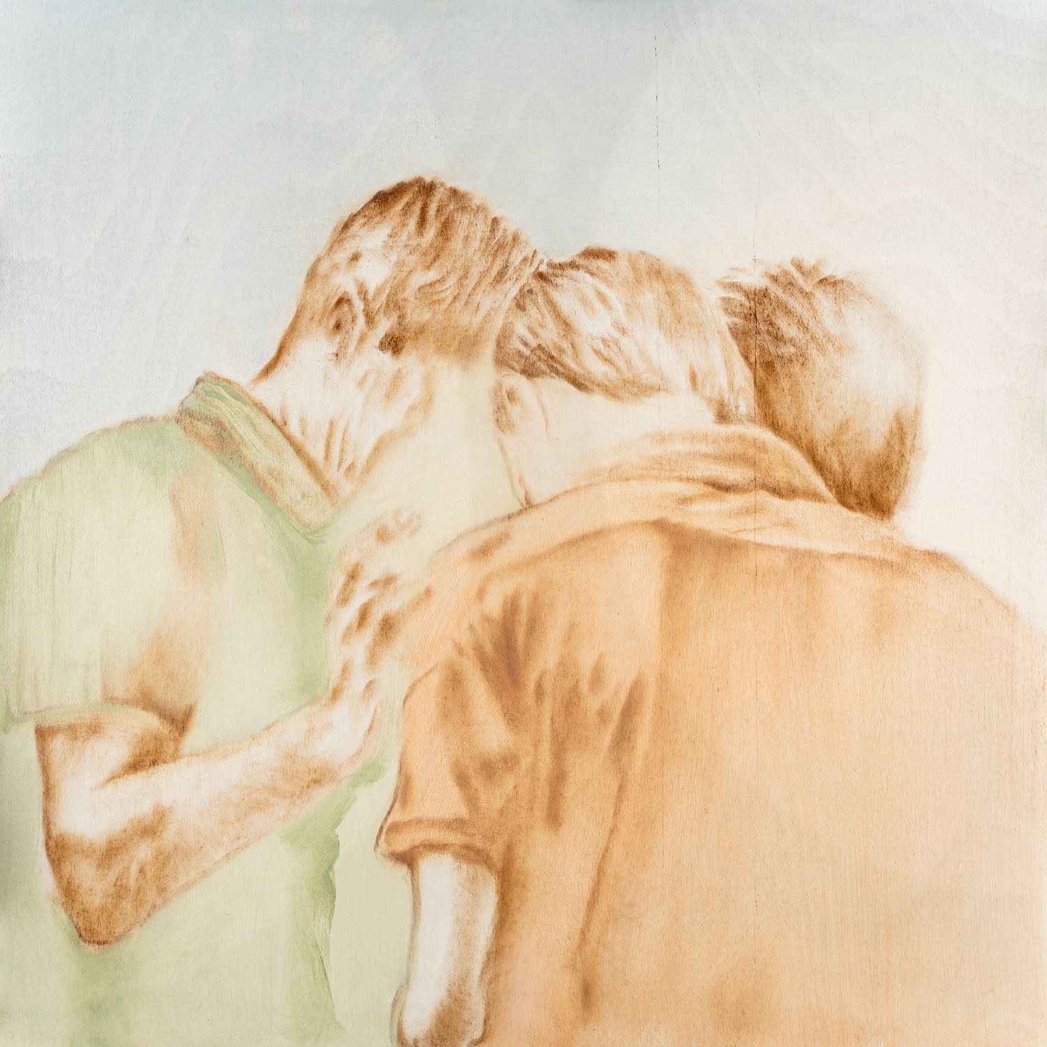 Zelga Simone Miller figurative oil on wood panel painting of three male figures with their heads together as if discussing something private, painted in green, oranges and blues