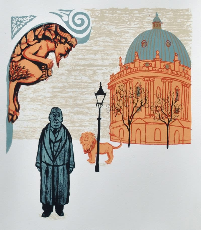 Mychael Barratt print of the author standing looking up to a gargoyle, the Radcliffe camera in the background along with a lamp pots and a lion.