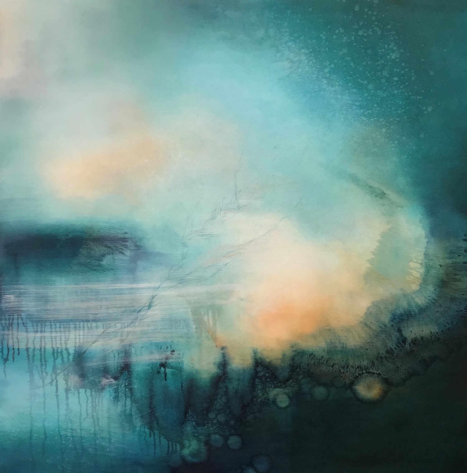Amy Albright semi-Abstract coastal scene in teal blues with a warm setting sun