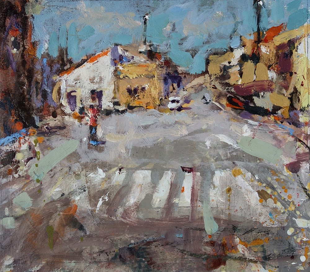 Andrew Hood oil piece showing a street in Marina di Ragusa, Italy, detailing a zebra crossing and an abstract figure waiting to cross. Painted in sky blues, peaches, burnt oranges and reds.