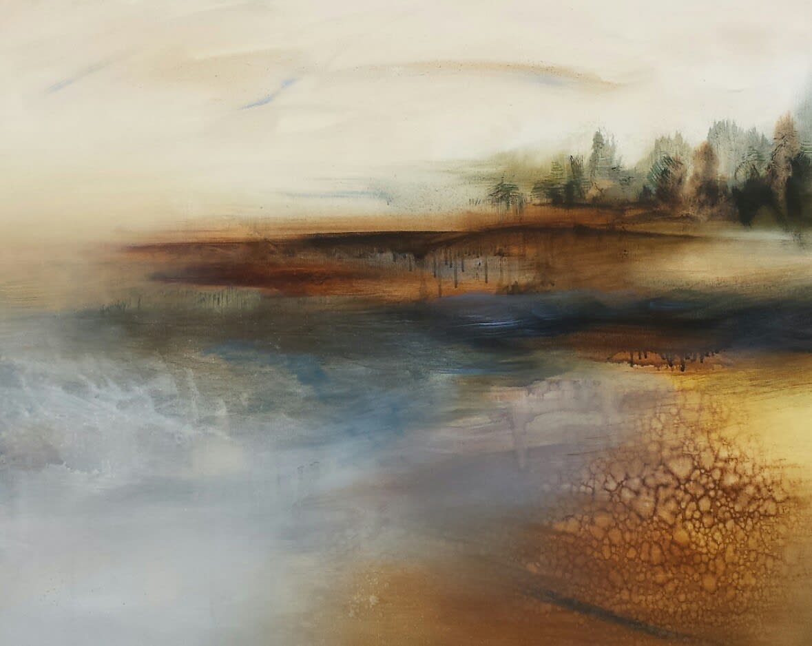 Amy Albright abstracted seascape in a contrast of ochre & blue, a headland in deep forest green is seen to the right