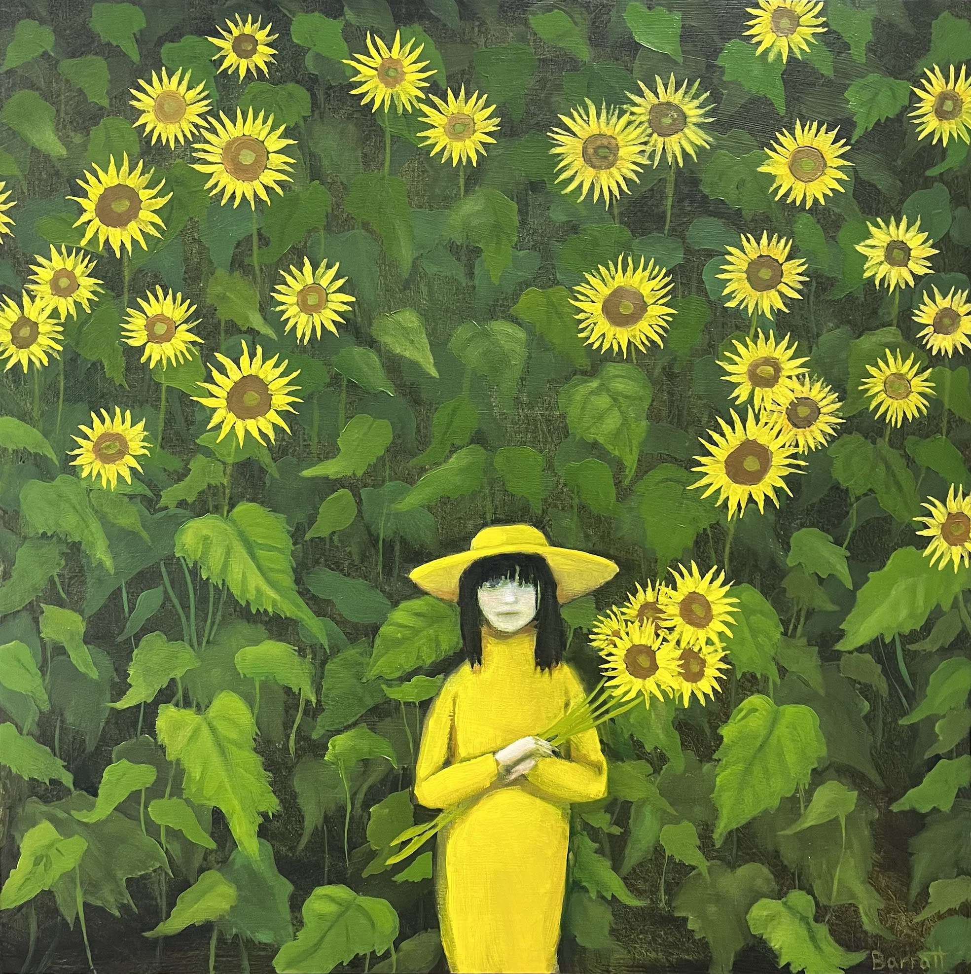 Mychael Barratt painting paying tribute to eccentric artist Yayoi Kusama, a figure representing the artist herself dress in yellow is seen facing the viewer while a forest of tall green stems of yellow sunflowers tower of her.