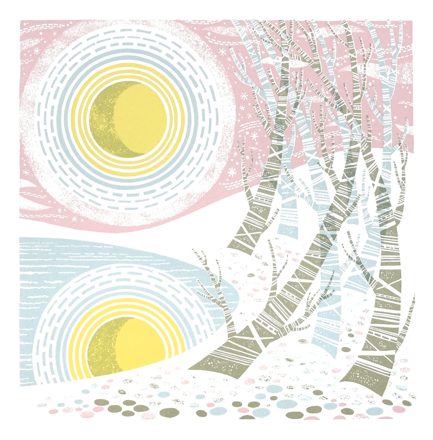 Angie Lewin screenprint of a hunters moon hovering low over a lake with winter beech trees on the right in pale pastel colours