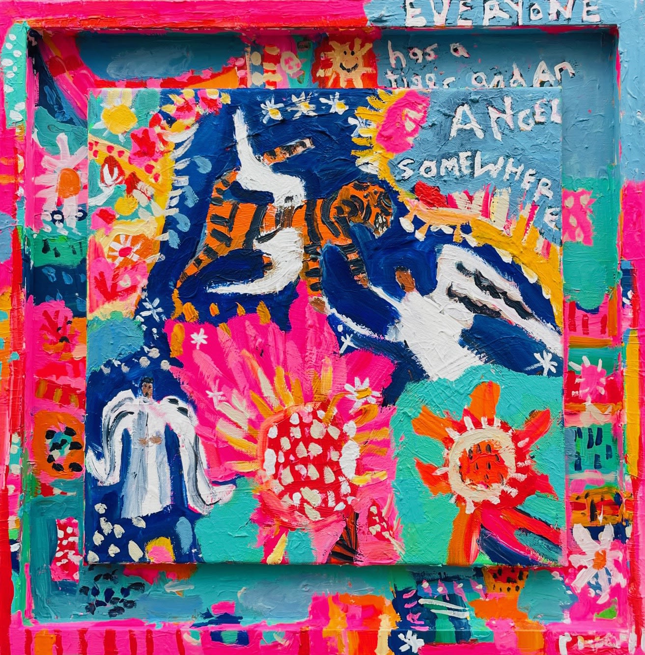 Emily Powell bright semi-abstract artwork featuring a tiger and text