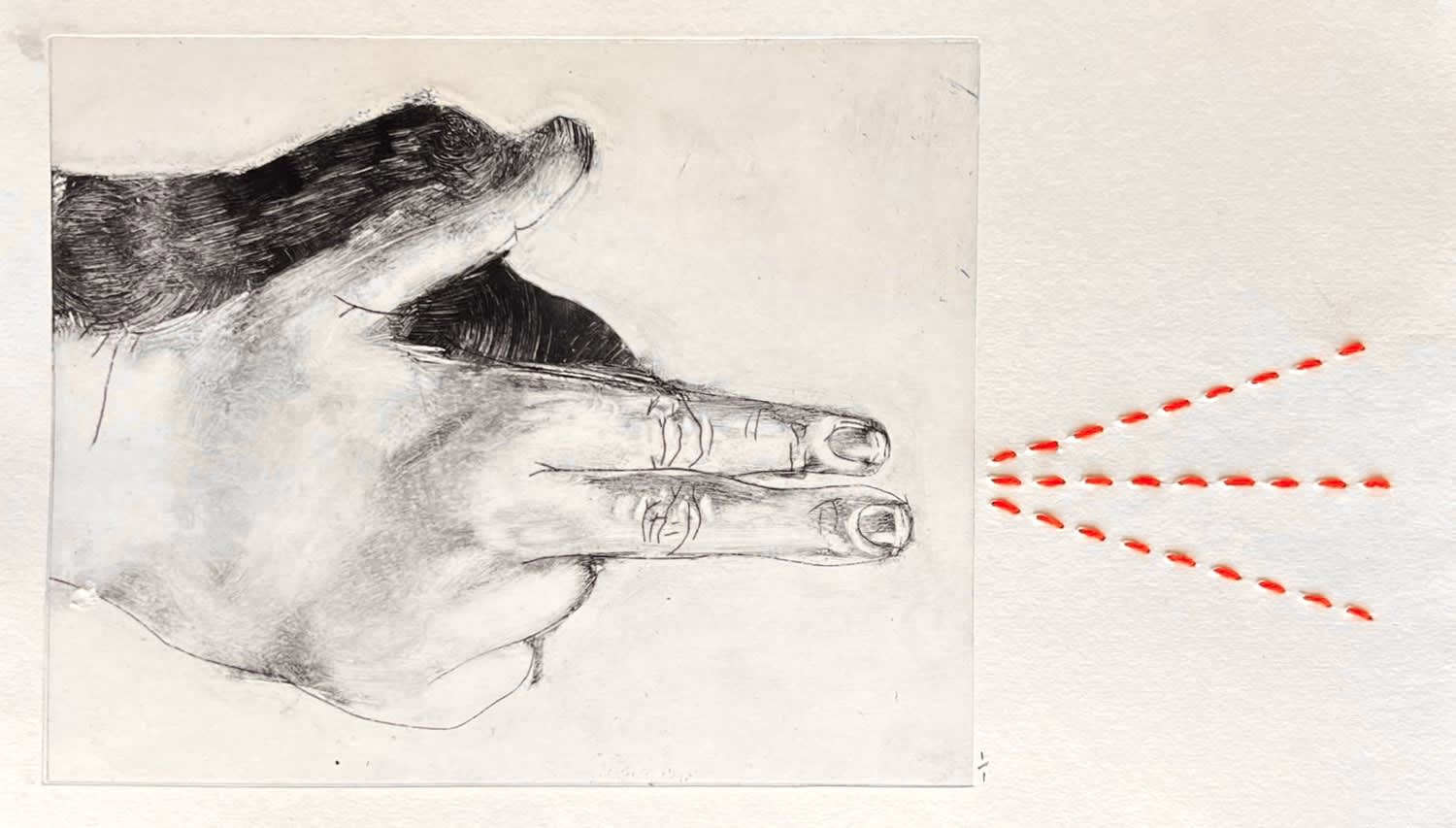 Erin Rosalie Thomas print of a hand with two fingers pointing, three red running stitch lines next to it