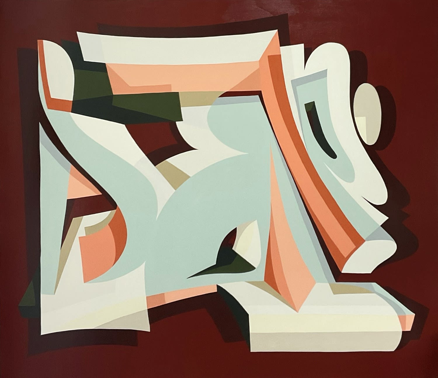 Kleiner Shames abstracted painting in colours maroon, blue, pink and green