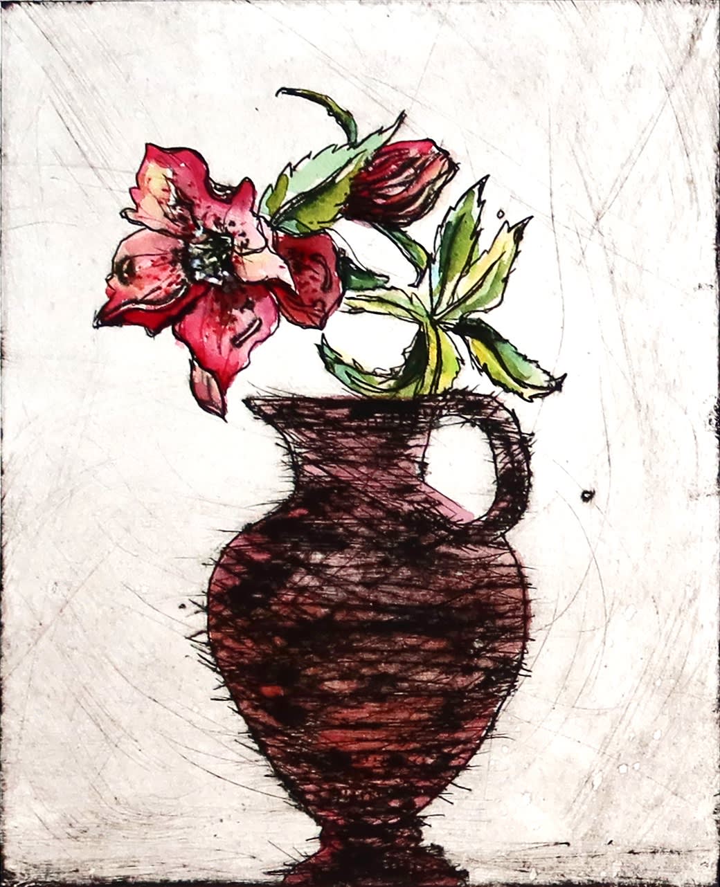 Vicky Oldfield collagraph print of a red flower in a drawn terracotta vase