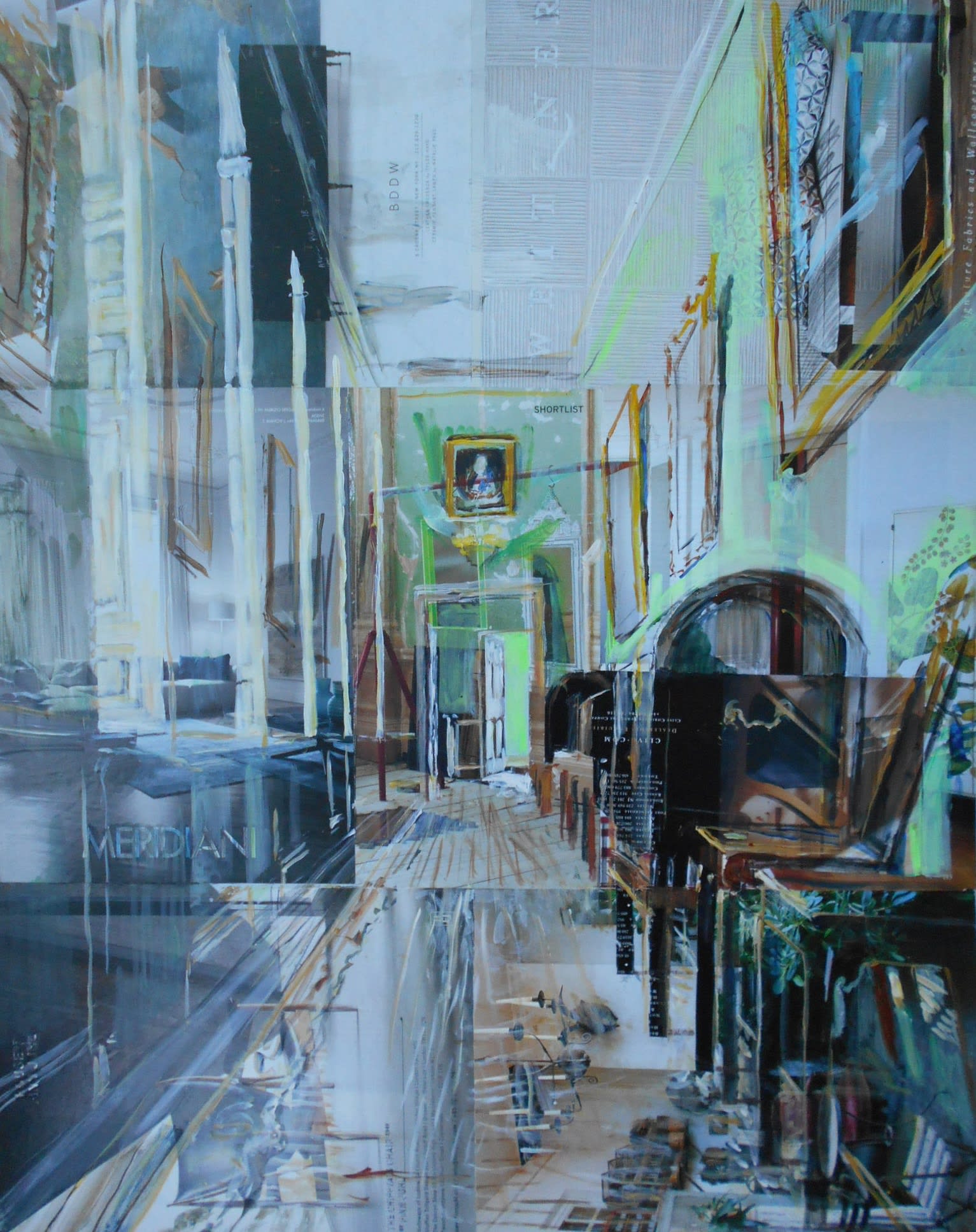 Alison Pullen interior collage of a corridor painted green, gold-framed art works hang on the walls and wooden furniture is placed on both sides of the passage, windows are on the left.