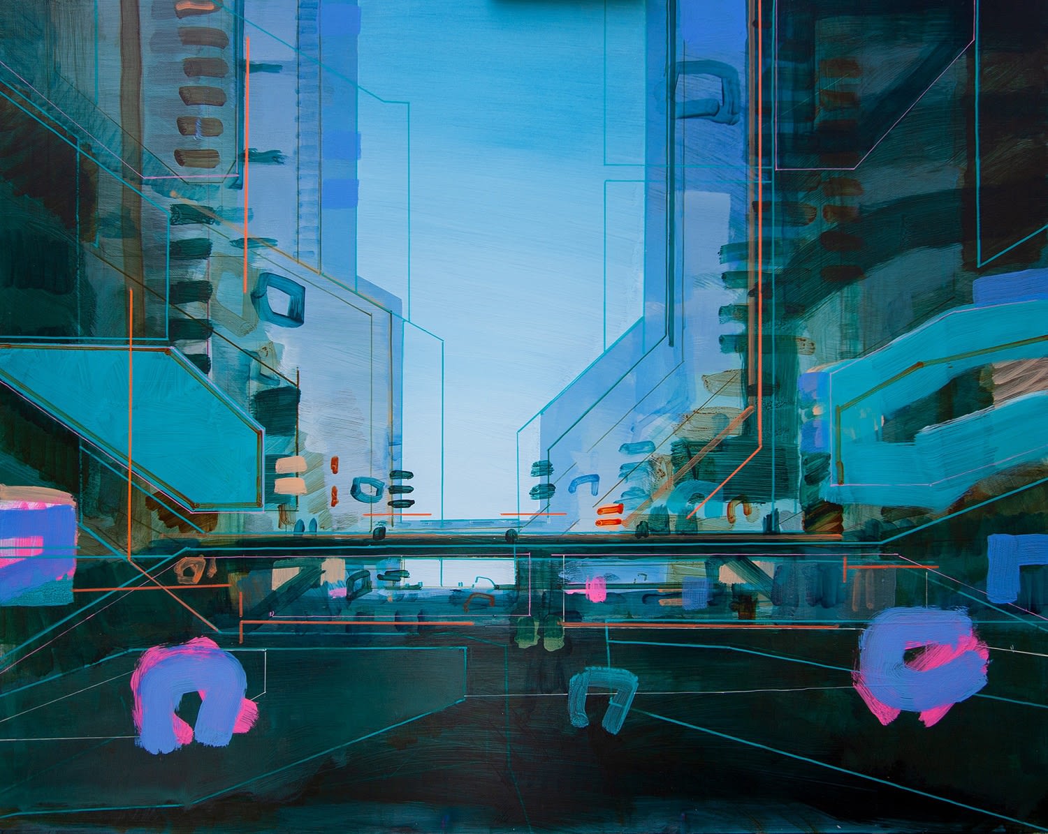 Christopher Farrell cityscape painting of London in vibrant pinks, purples, blues and orange