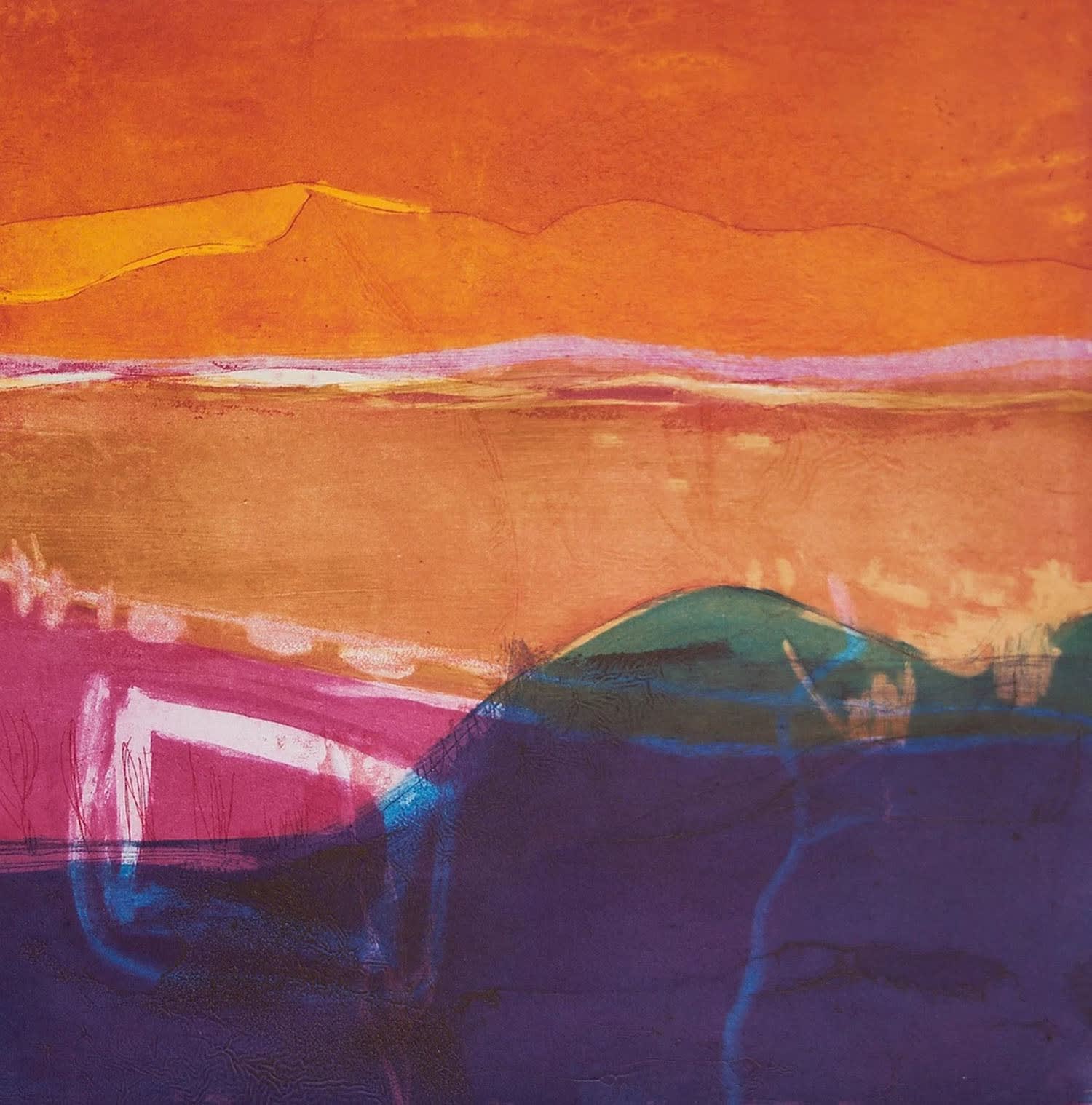 Louise Davies semi-abstract landscape print showing rolling hills in translucent layers of oranges, magentas and blues.