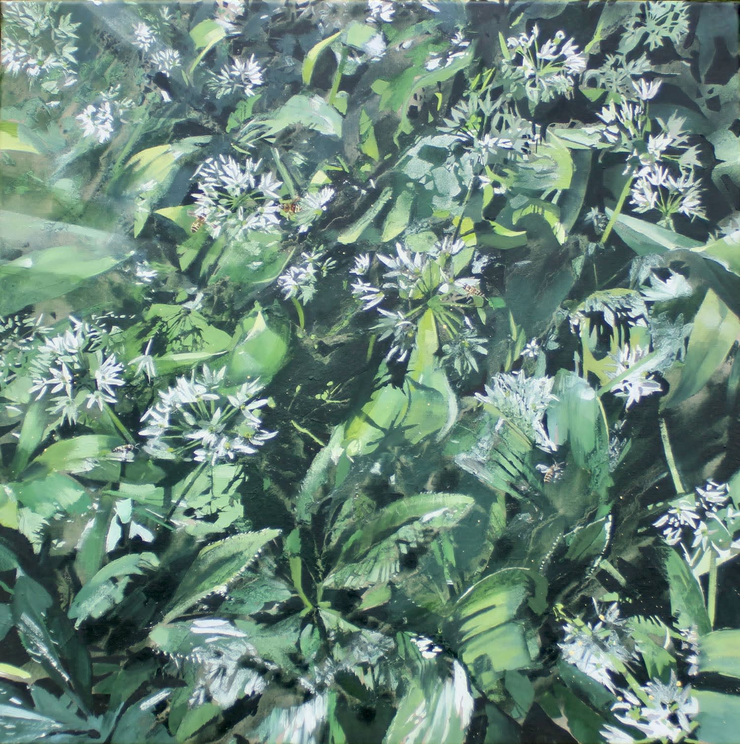 James Fotheringhame oil on linen painting in a photo realism style of honeybees amongst strands of wild garlic