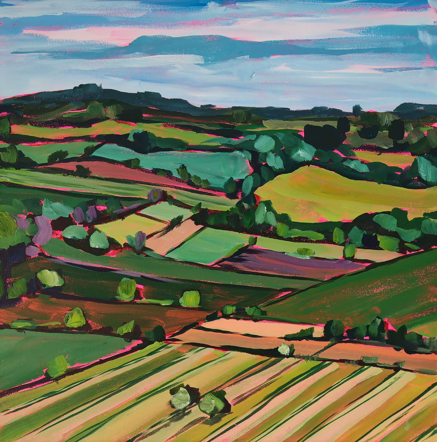 Belinda Millar landscape painting showing the green and golden rolling hills of oxford, with a neon pink under colour