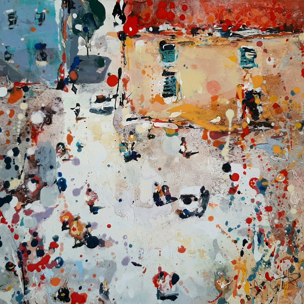 Andrew Hood painting, showing an abstract view of a busy city square with people and buildings surrounding it. Painted in vivid spots of blues, yellows, oranges, red and black.