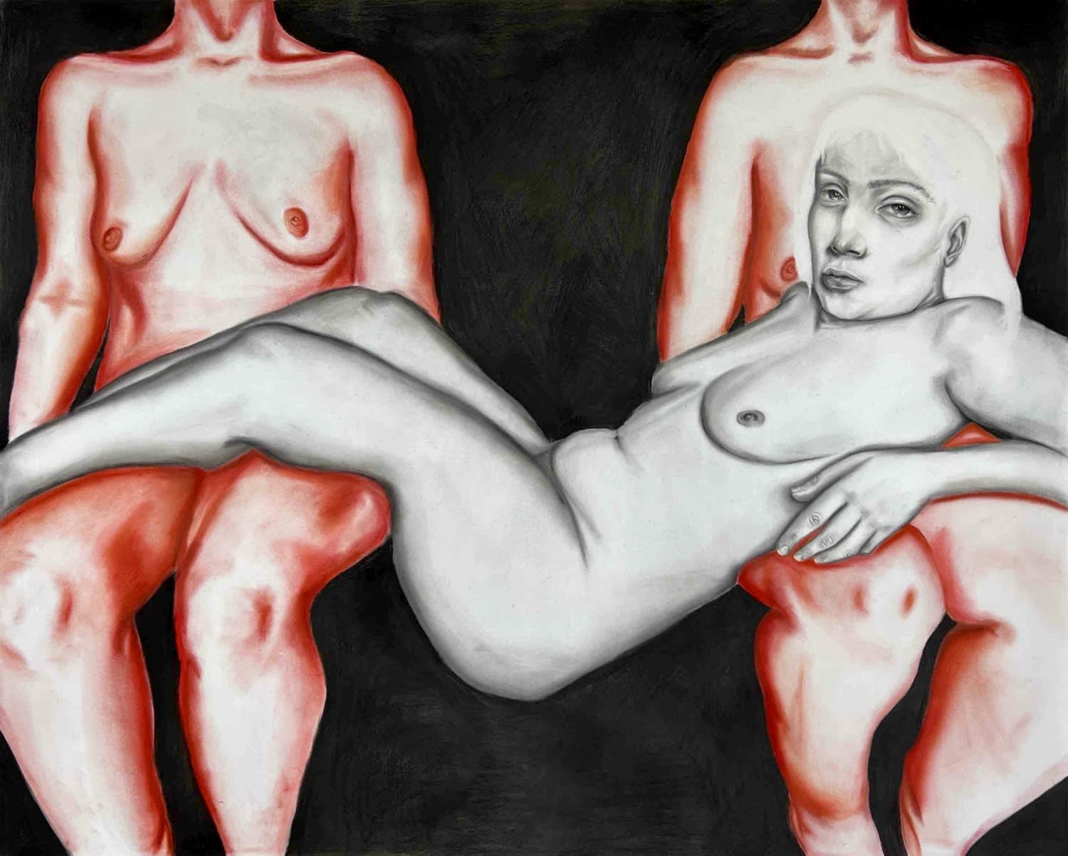 Erin Rosalie Thomas large drawing on board of three figures, one in charcoal which is draped across two in red pastel seated