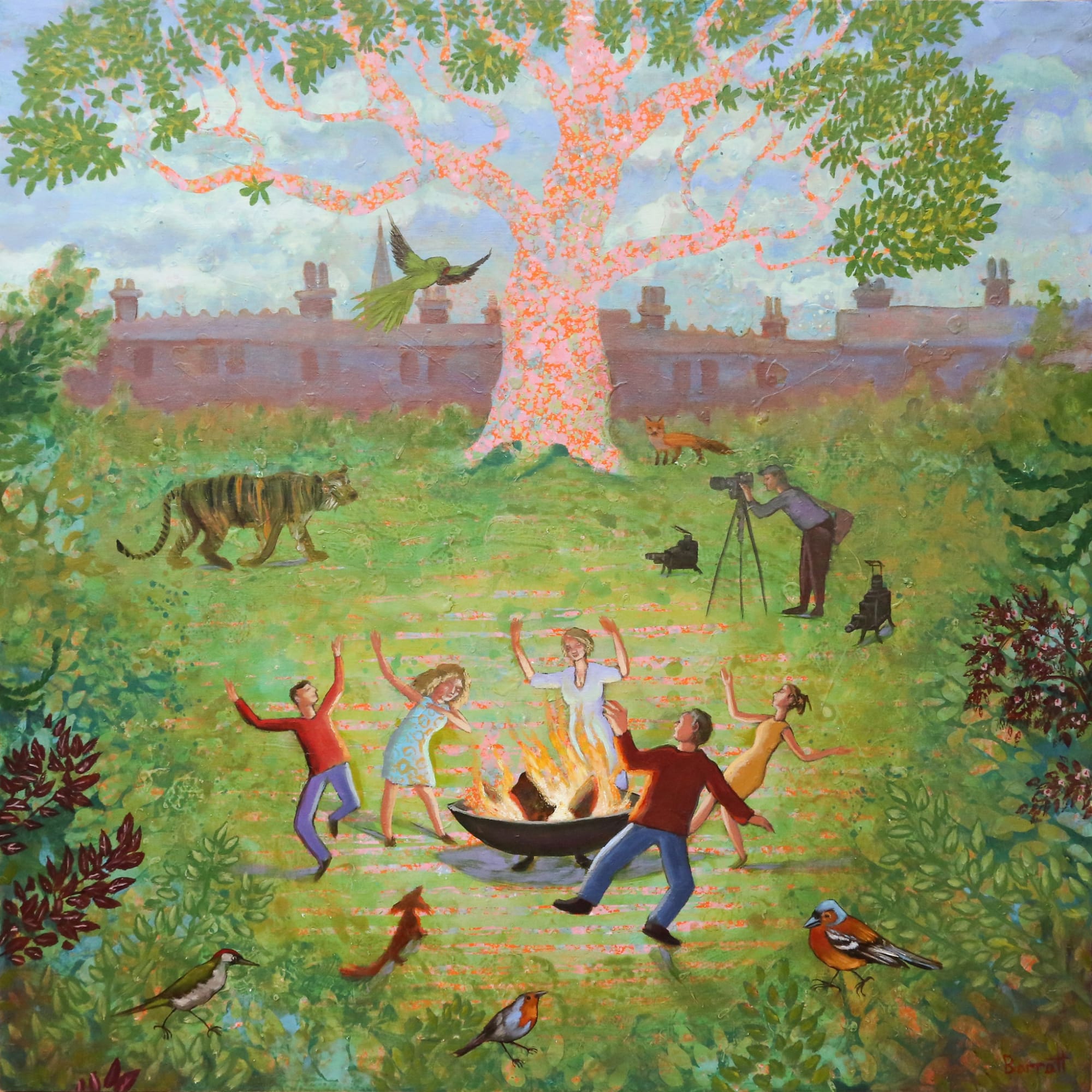 Mychael Barratt oil on panel painting satirically depicting mythological archetype 'The Tree of Life' - a large tree with a pink, blue, orange and green spotted trunk & branches towers over a family dancing joyously around a campfire in a metal fire pit w