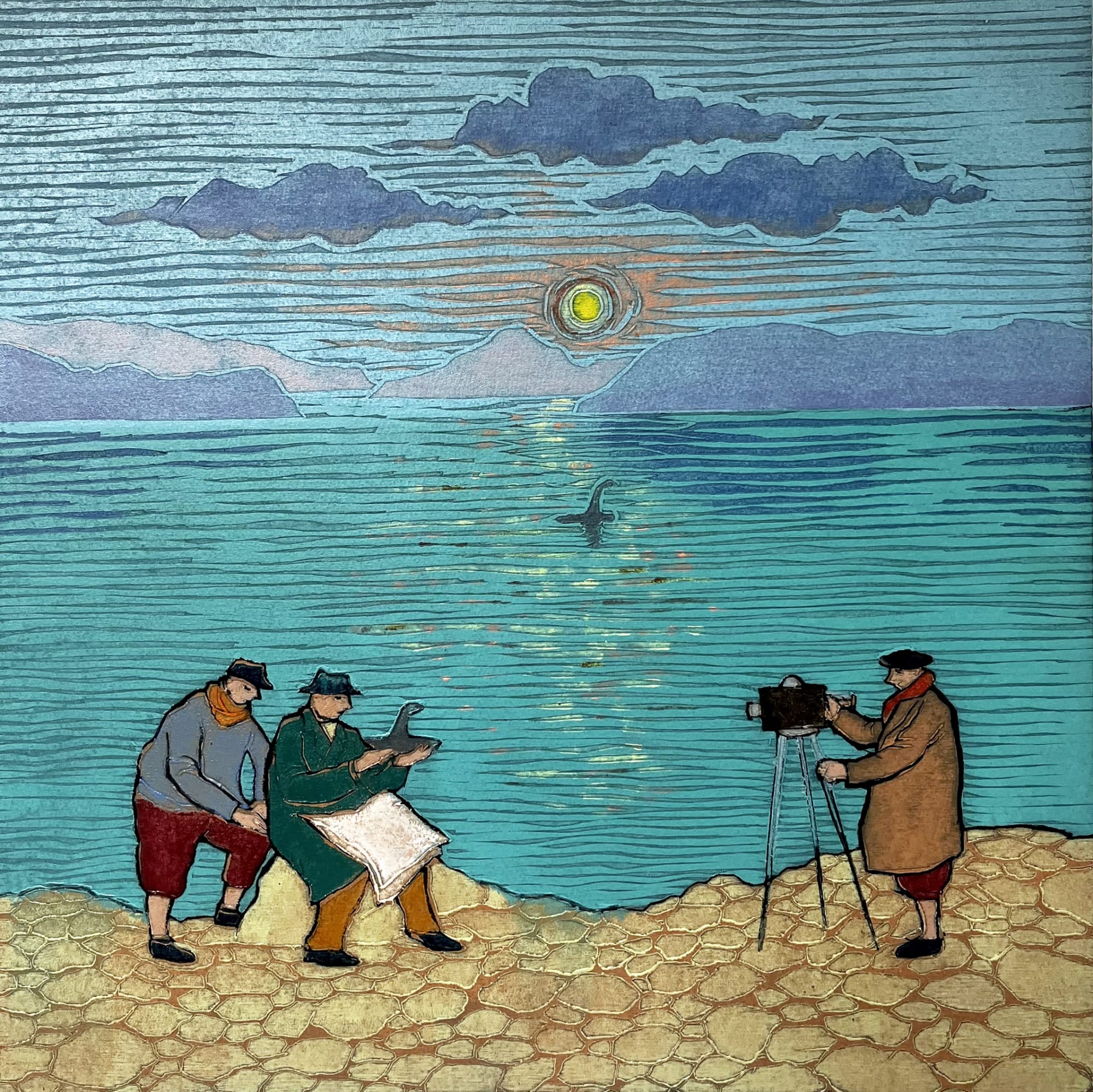 Mychael Barratt wood cut print satirically depicting the Surgeon's photograph scandal of Hugh Gray's Loch ness monster sighting. Two men are seen mockingly holding a prop resembling the monster & another photographs them, while unbeknownst to them all the