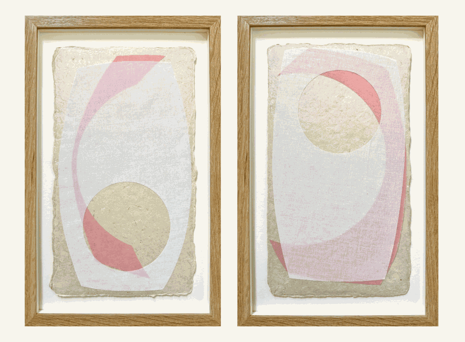 Jo Evans 100 Hours collaged tapestry of two semi-abstracted yin & yang symbol is pinks and beige