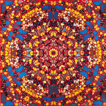Damien Hirst's kaleidescope image of red and blue butterflies inspired this art and fashion collaboration to make beautiful silk scarves