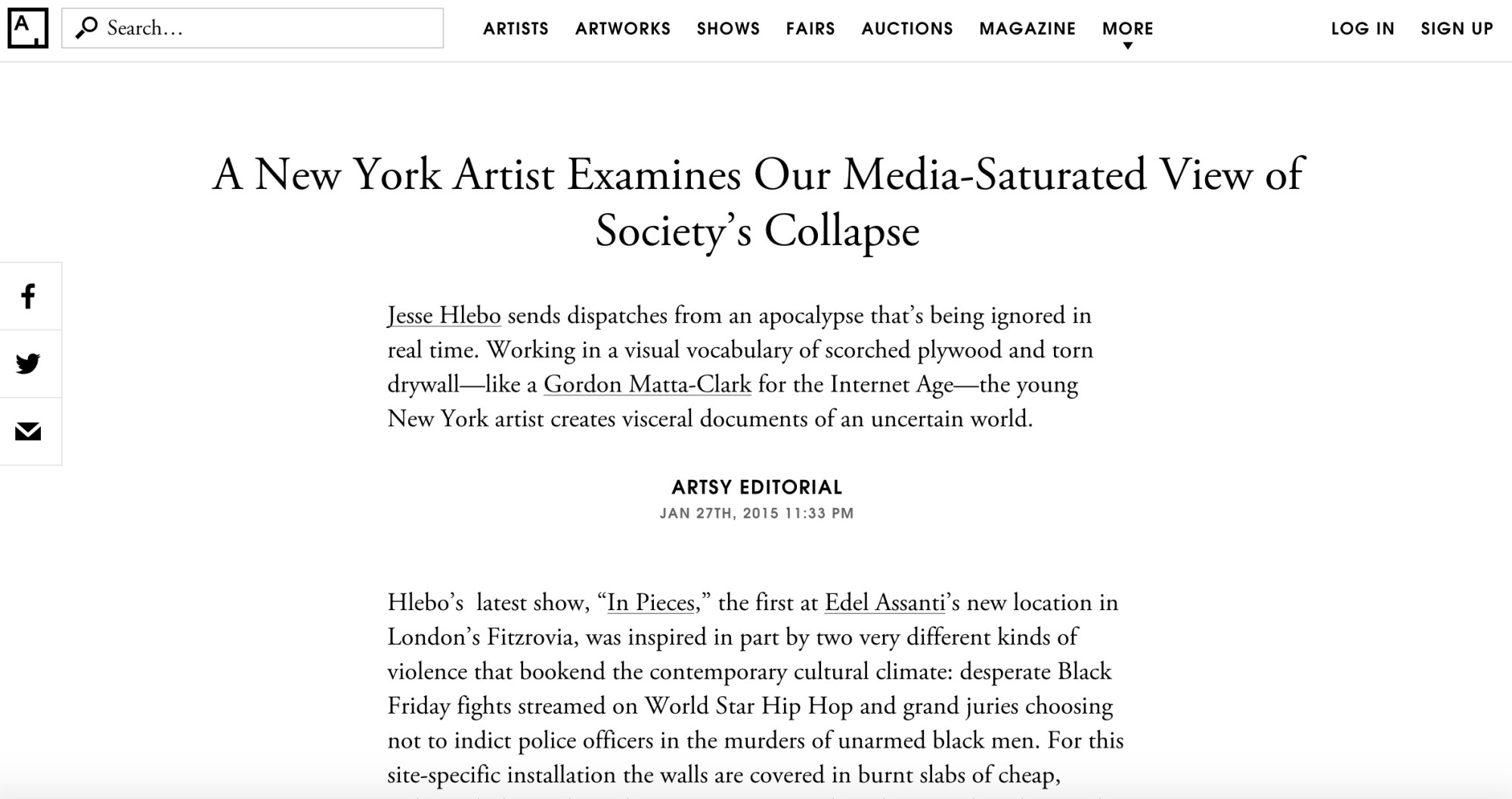 Jesse Hlebo in Artsy Editorial | Edel Assanti